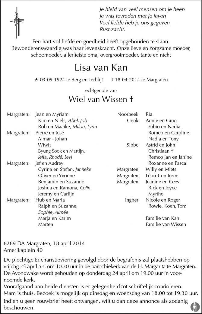 In Memoriam Lisa van Wissen van Kan
