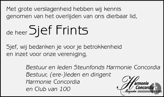 Aanhaker rouwadvertentie Sjef Frints