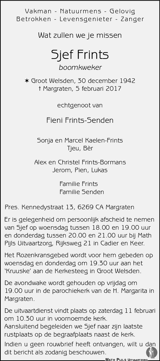 Rouwadvertentie Sjef Frints