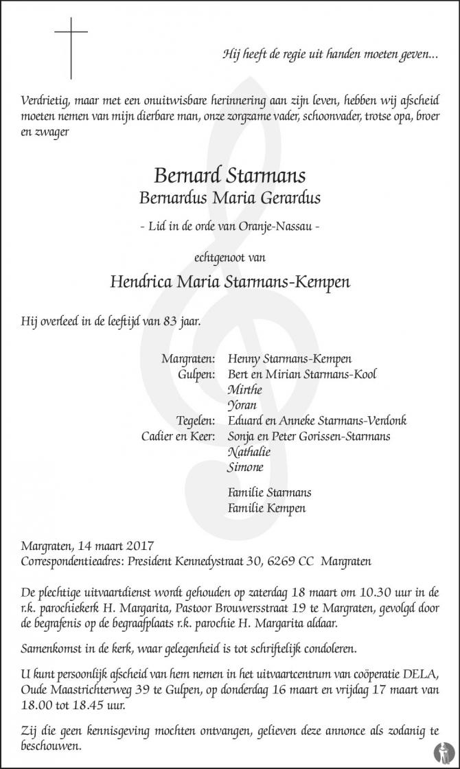 Overlijdensbericht dhr. Bernard Starmans